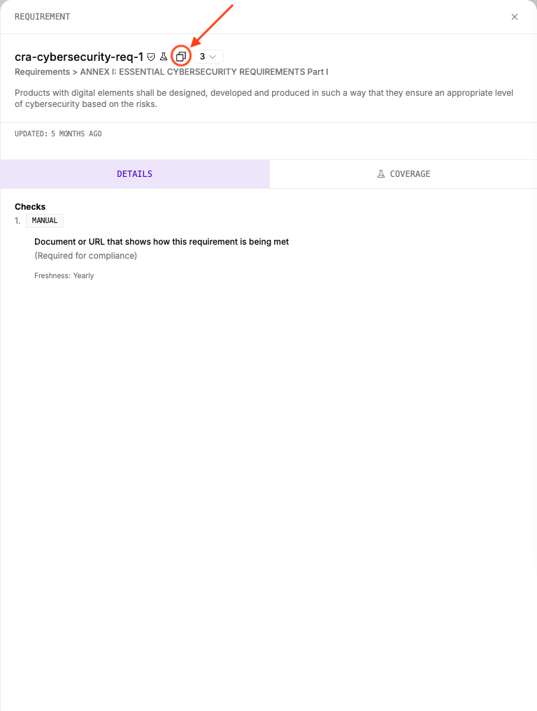 The requirement popover showing the fully qualified requirement name