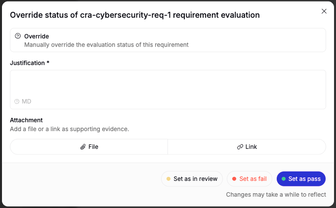 The Override Assessment dialog for setting a requirement status to Passed or Failed