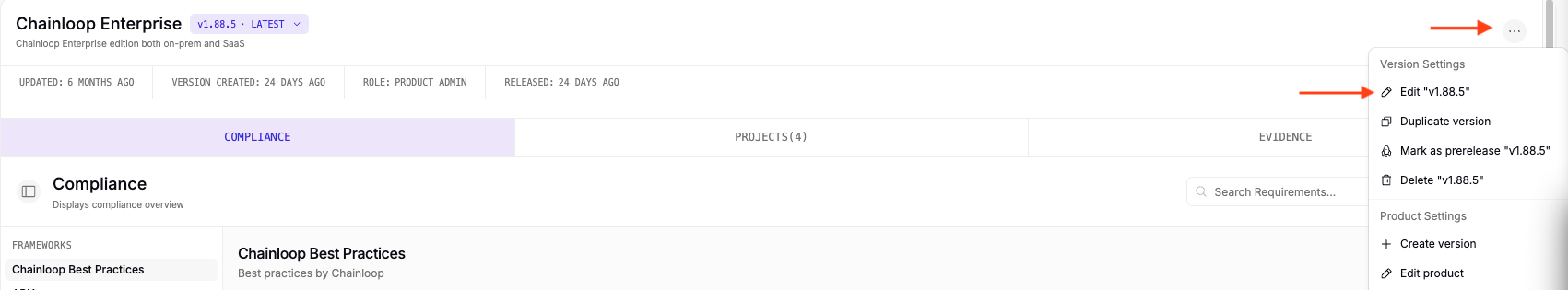 The product version actions menu with the Edit version option