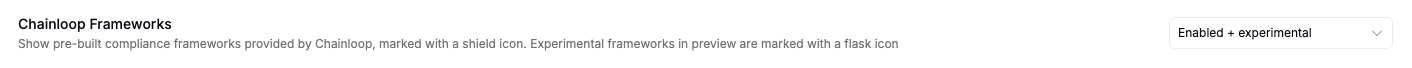 The In-Preview Compliance Frameworks toggle in the organization settings