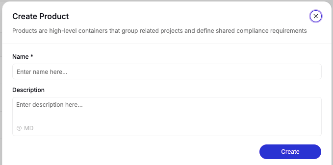 Creating a product and attaching compliance frameworks in the Chainloop UI