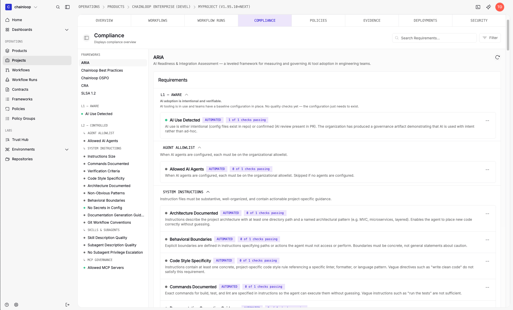 Framework requirement details in the frameworks tab of the Chainloop UI