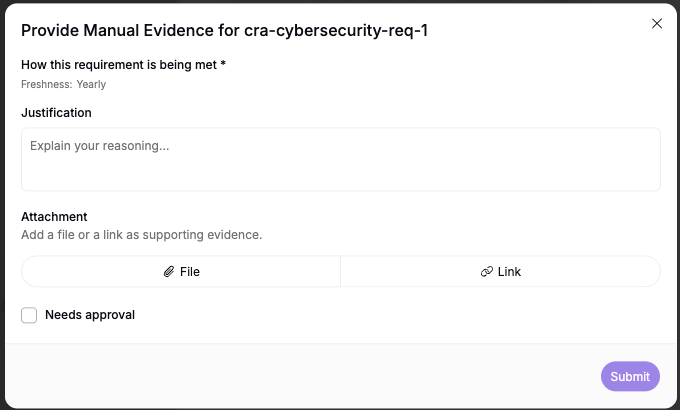 The requirement evaluation drawer showing per-project manual evidence for a CRA requirement