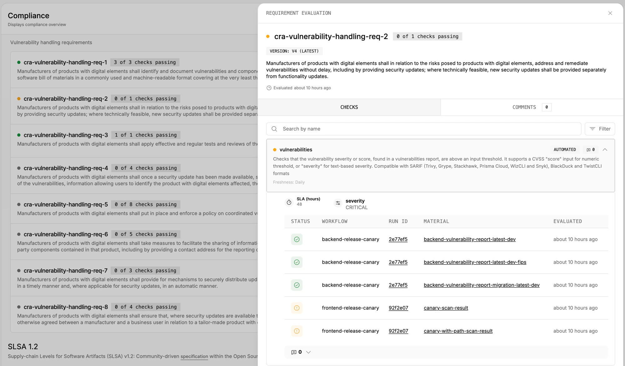 Compliance tab showing CRA vulnerability handling requirements with per-requirement check status, and a side panel showing automated severity checks against scanner output for cra-vulnerability-handling-req-2
