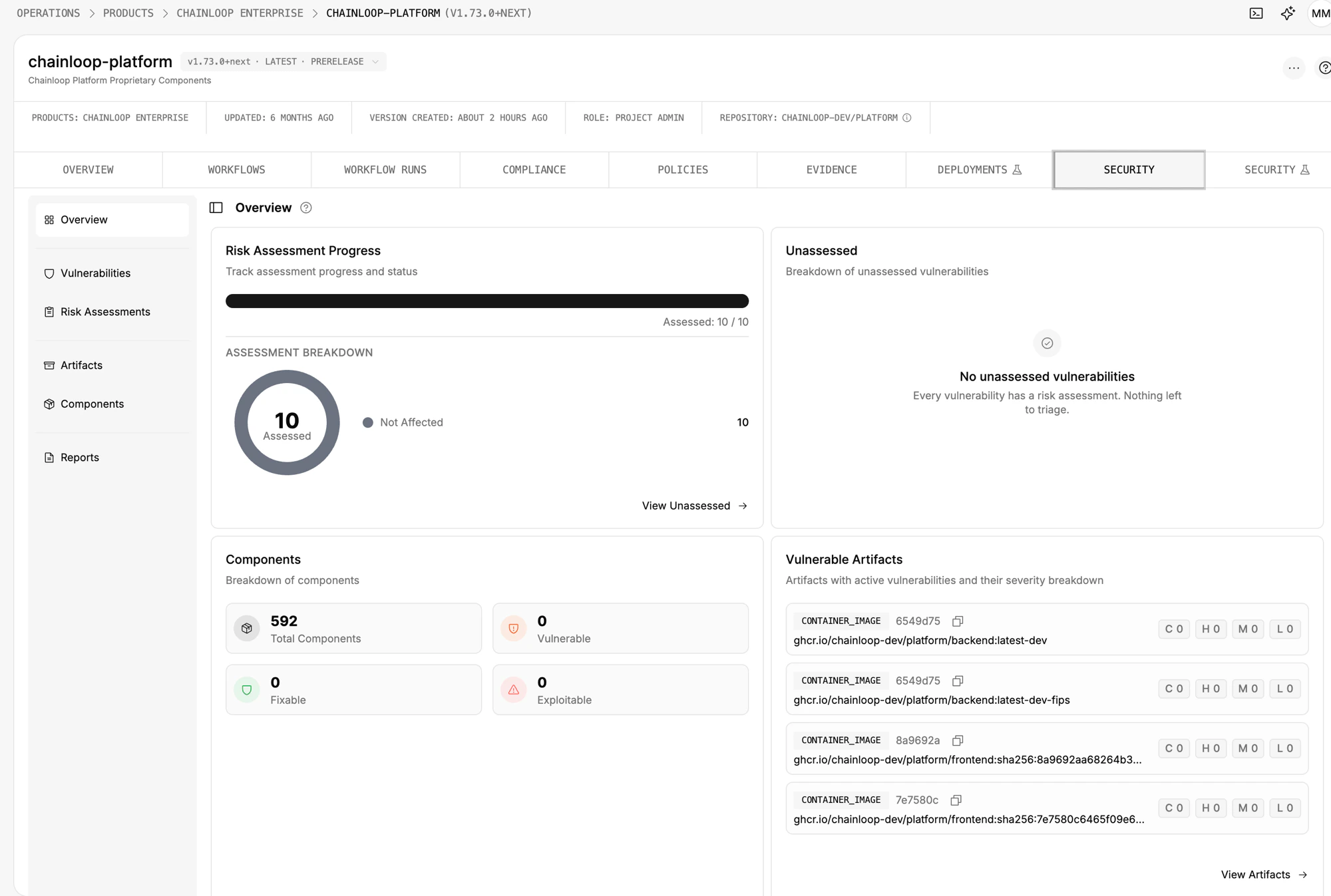 Security overview dashboard showing risk assessment progress, unassessed vulnerabilities, components, and vulnerable artifacts