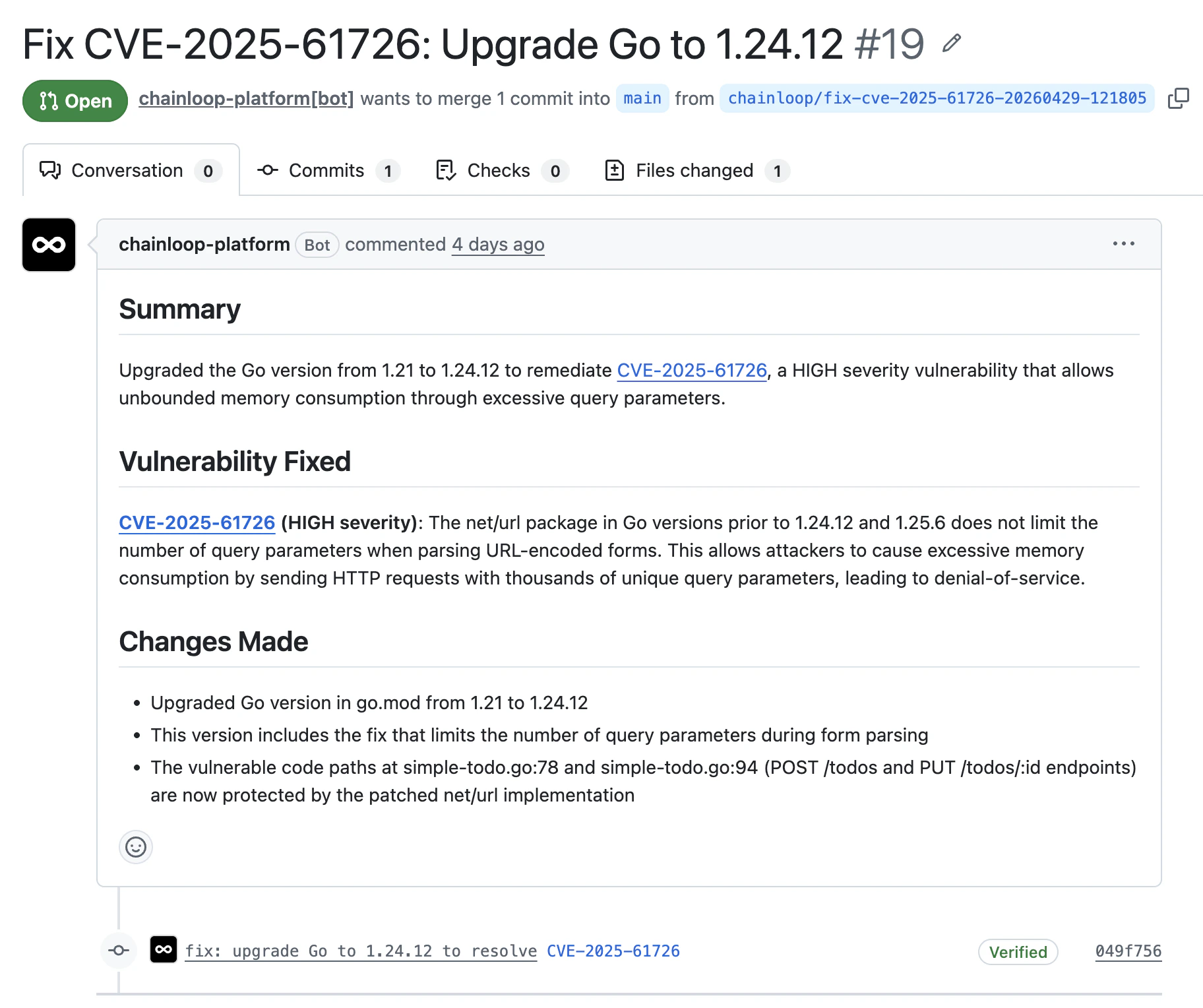 GitHub pull request opened by the Remediation Agent fixing CVE-2025-61726 by upgrading Go, with Summary, Vulnerability Fixed, and Changes Made sections