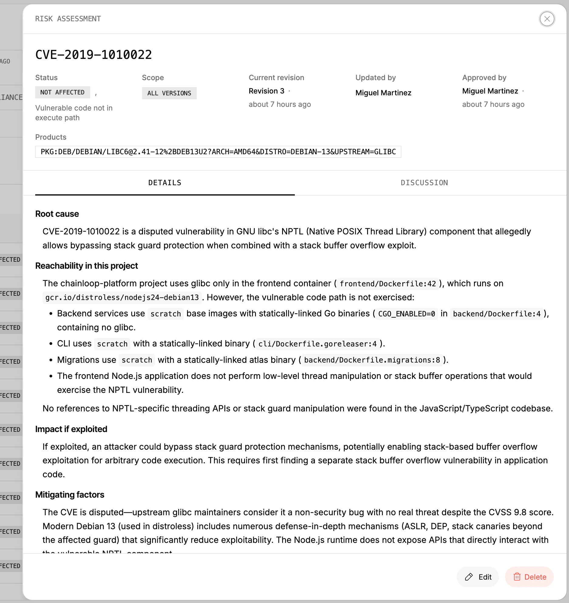 Risk assessment detail panel showing status, scope, current revision, and structured rationale