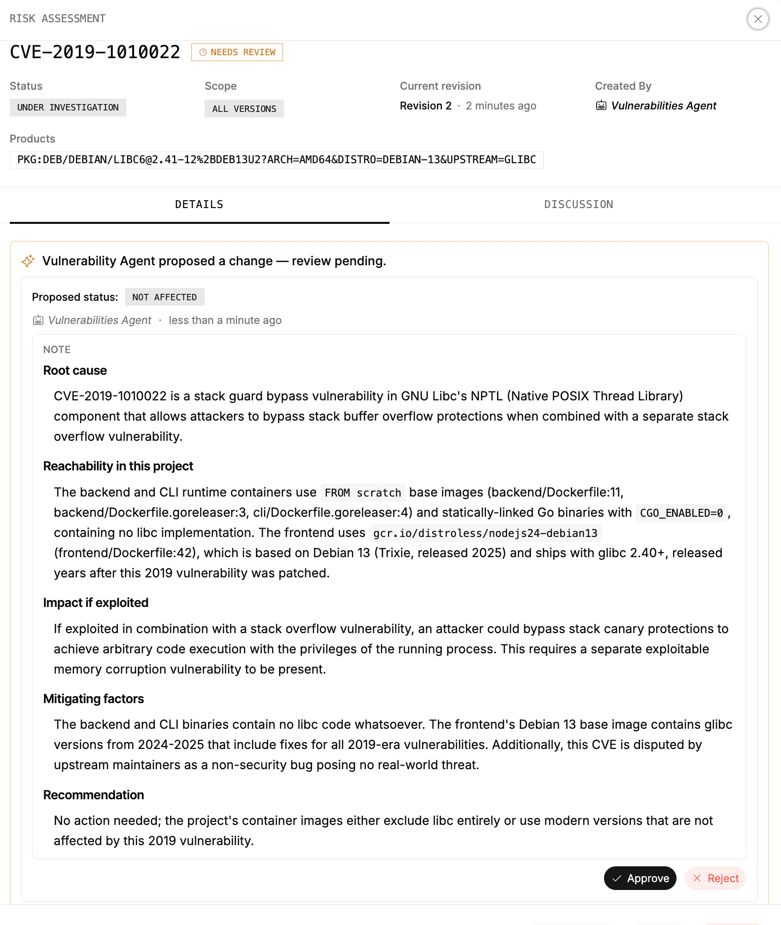 Risk assessment in Needs Review state with the Vulnerabilities Agent's proposed change and Approve/Reject buttons