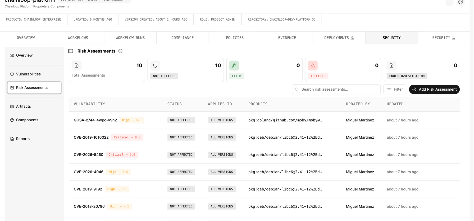 Risk assessments list with vulnerability, status, scope, and product columns