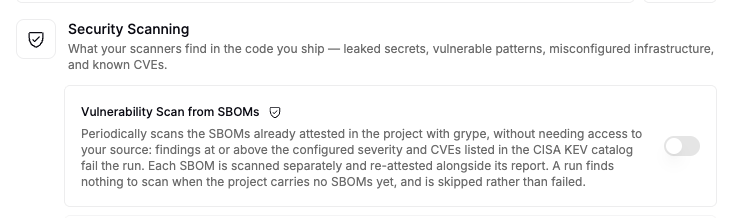 The Vulnerability Scan from SBOMs card in the Security Scanning category