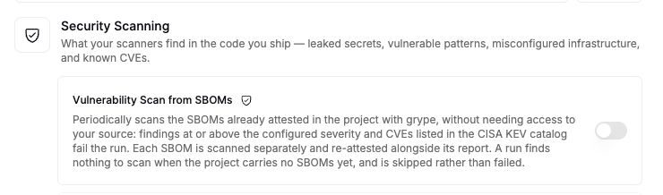 The Vulnerability Scan from SBOMs card in the Security Scanning category