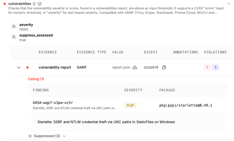A managed vulnerability scan surfacing a failing finding on a connected repository
