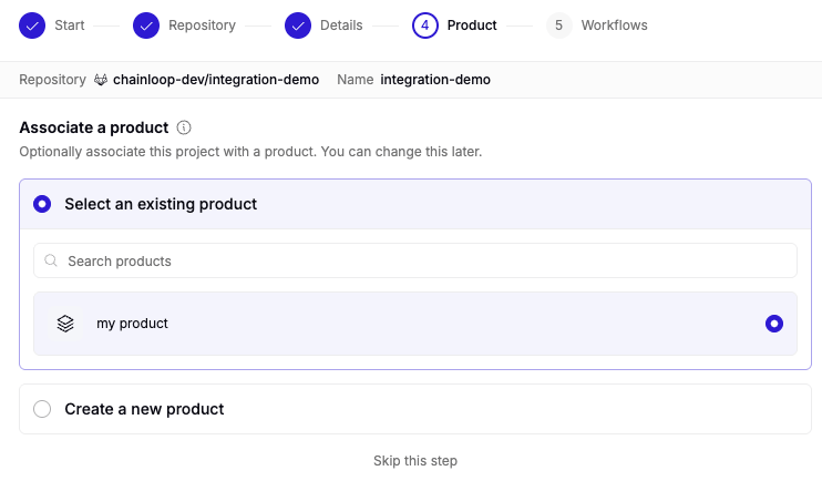 Create Project wizard associate product step