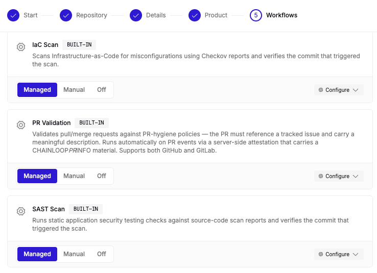 Create Project wizard set up workflows step with per-template mode selectors