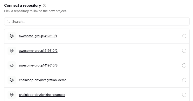 Create Project wizard repository picker step with search box and repository list