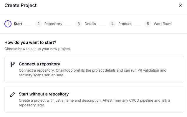 Create Project wizard setup type step with Connect a repository and Start without a repository cards