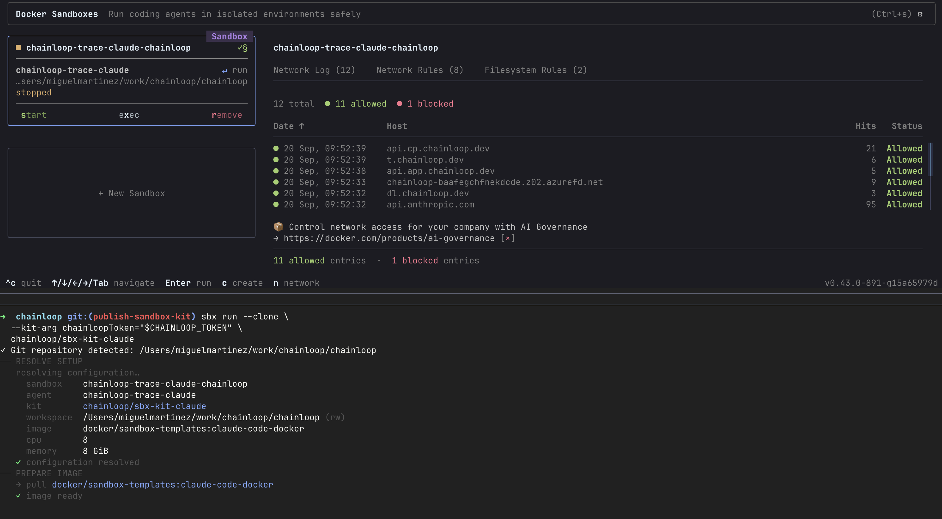 Docker Sandboxes launching the Chainloop kit: the resolved configuration shows the chainloop/sbx-kit-claude kit and the detected git repository, and the network log lists the allowed Chainloop and Anthropic hosts