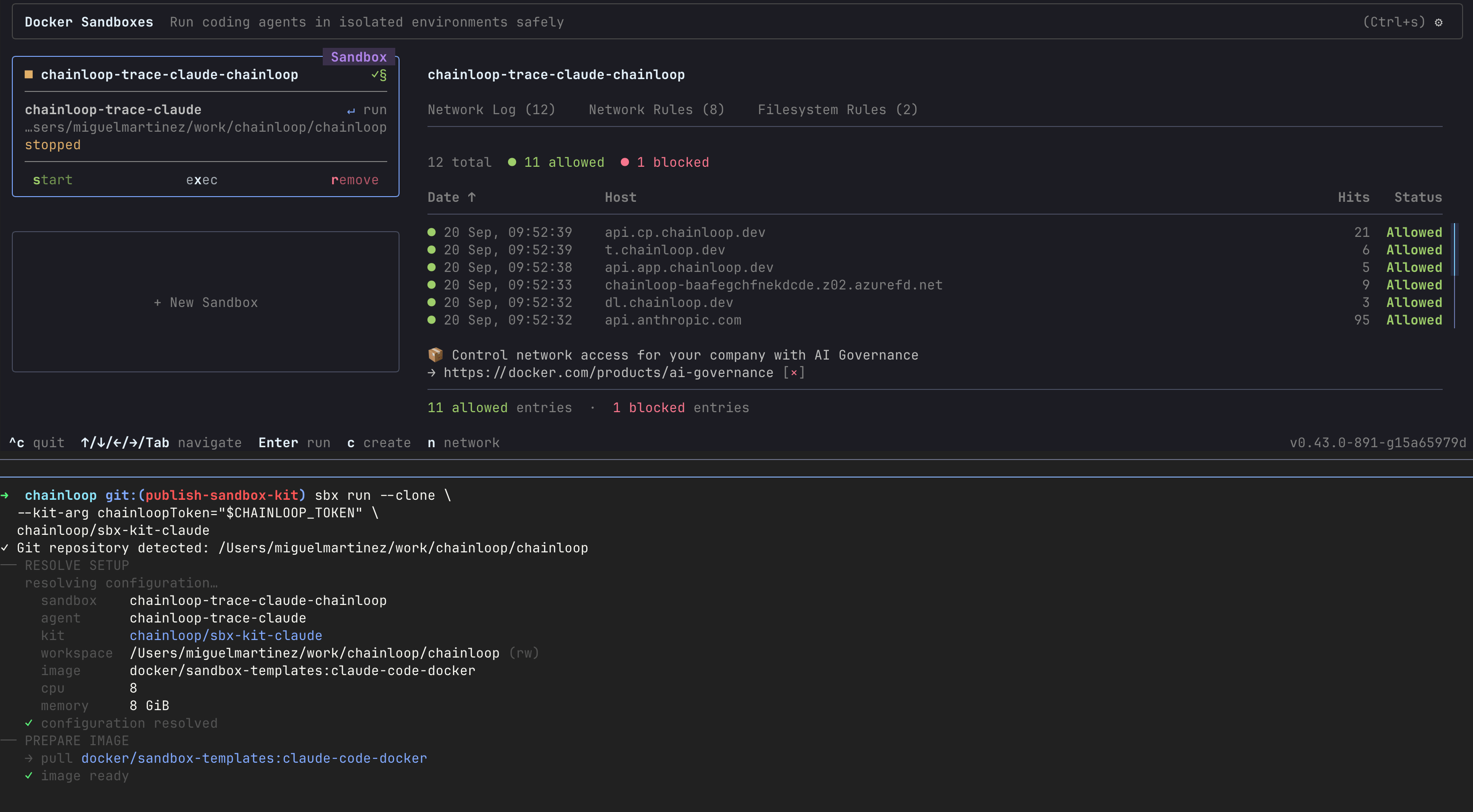 Docker Sandboxes launching the Chainloop kit: the resolved configuration shows the chainloop/sbx-kit-claude kit and the detected git repository, and the network log lists the allowed Chainloop and Anthropic hosts