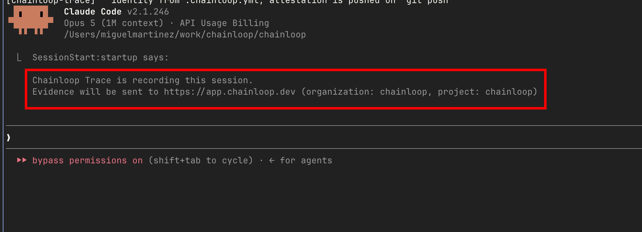 Claude Code starting inside the sandbox with the message: Chainloop Trace is recording this session. Evidence will be sent to https://app.chainloop.dev, naming the organization and project