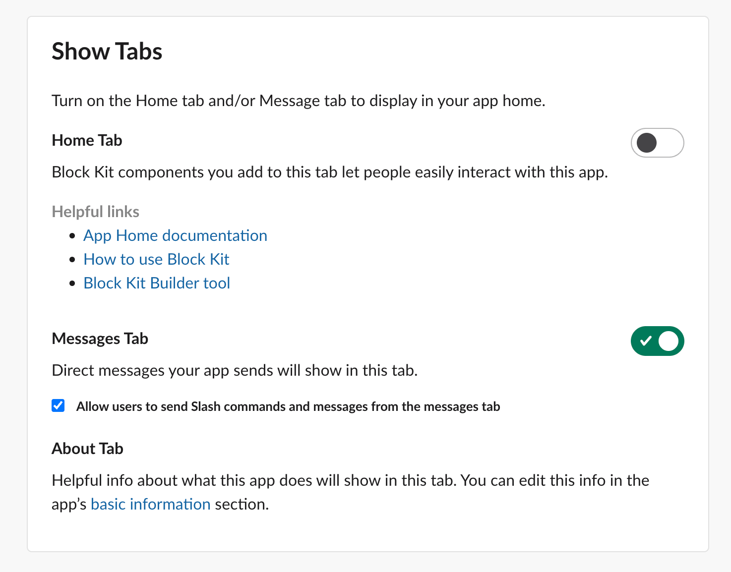 Slack App Home settings with the Messages Tab enabled and slash commands allowed