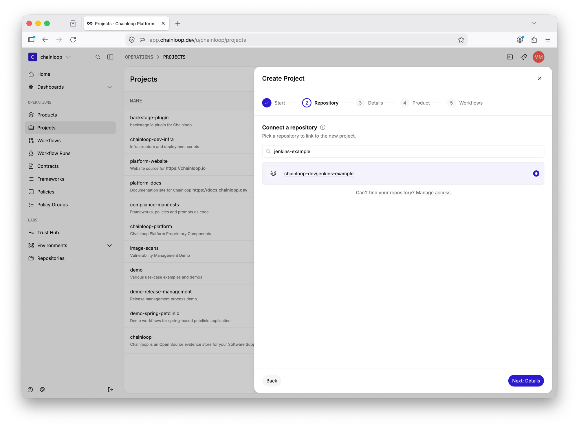 Selecting a GitLab repository during project onboarding