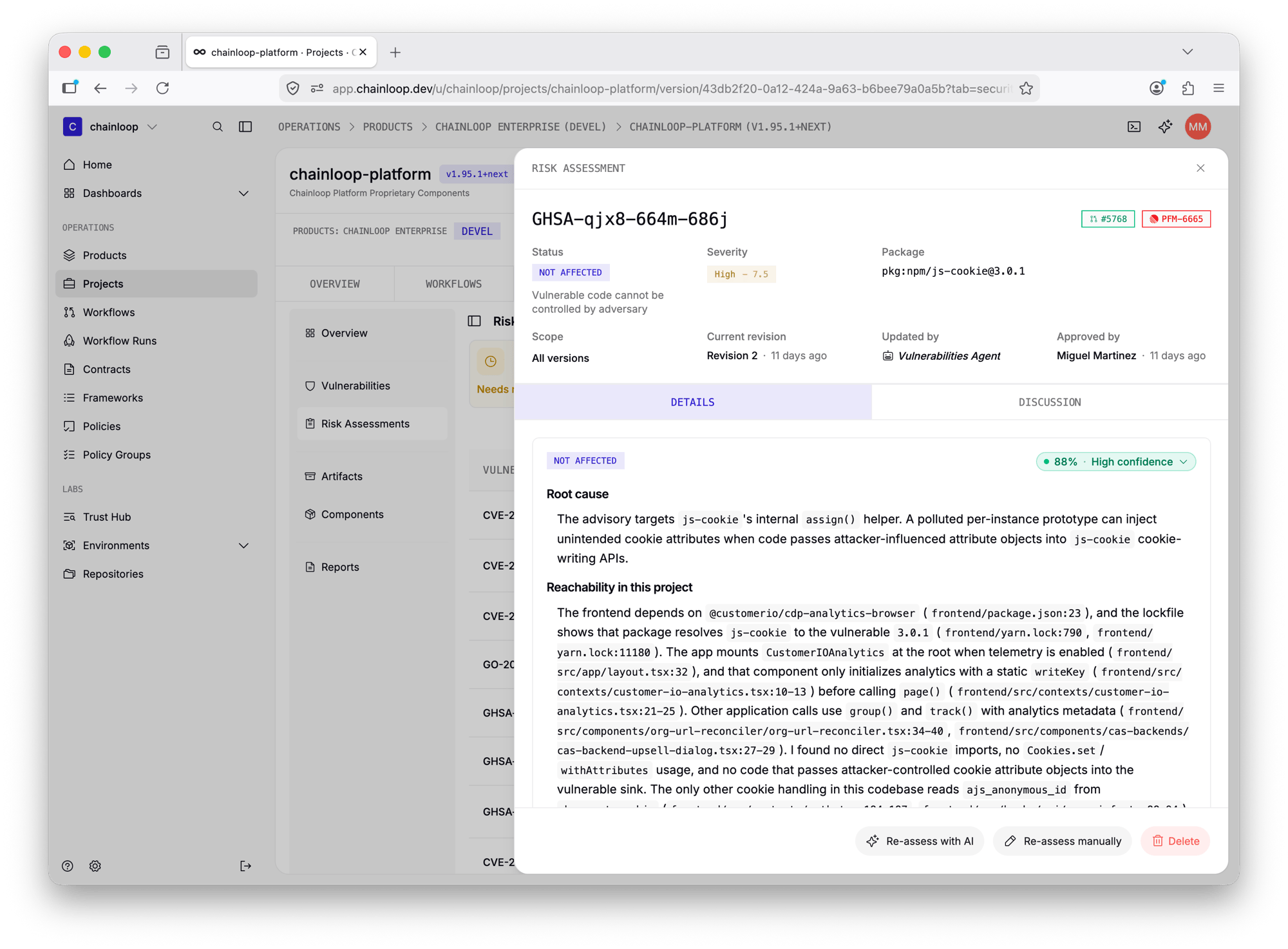 A vulnerability risk assessment linked to a Linear ticket