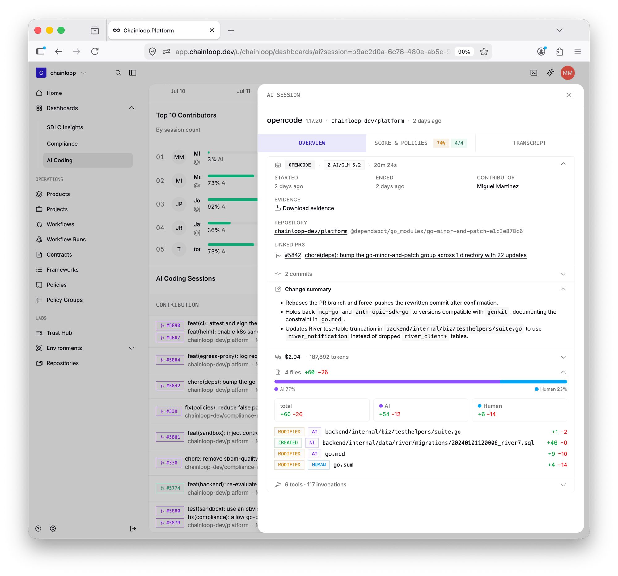 Per-session detail for an opencode session showing AI vs human code attribution, cost, and policy results