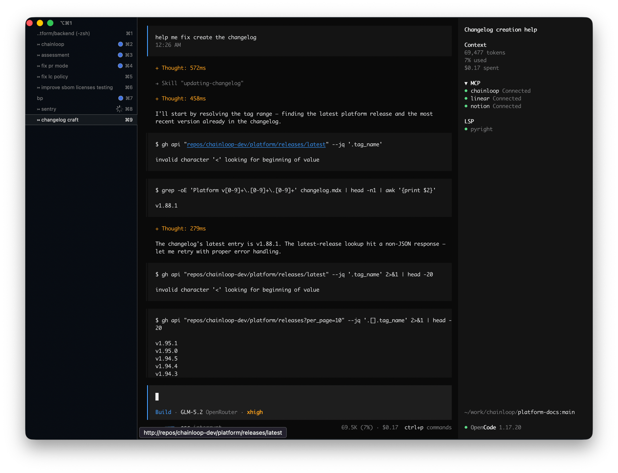 An opencode coding session traced by Chainloop