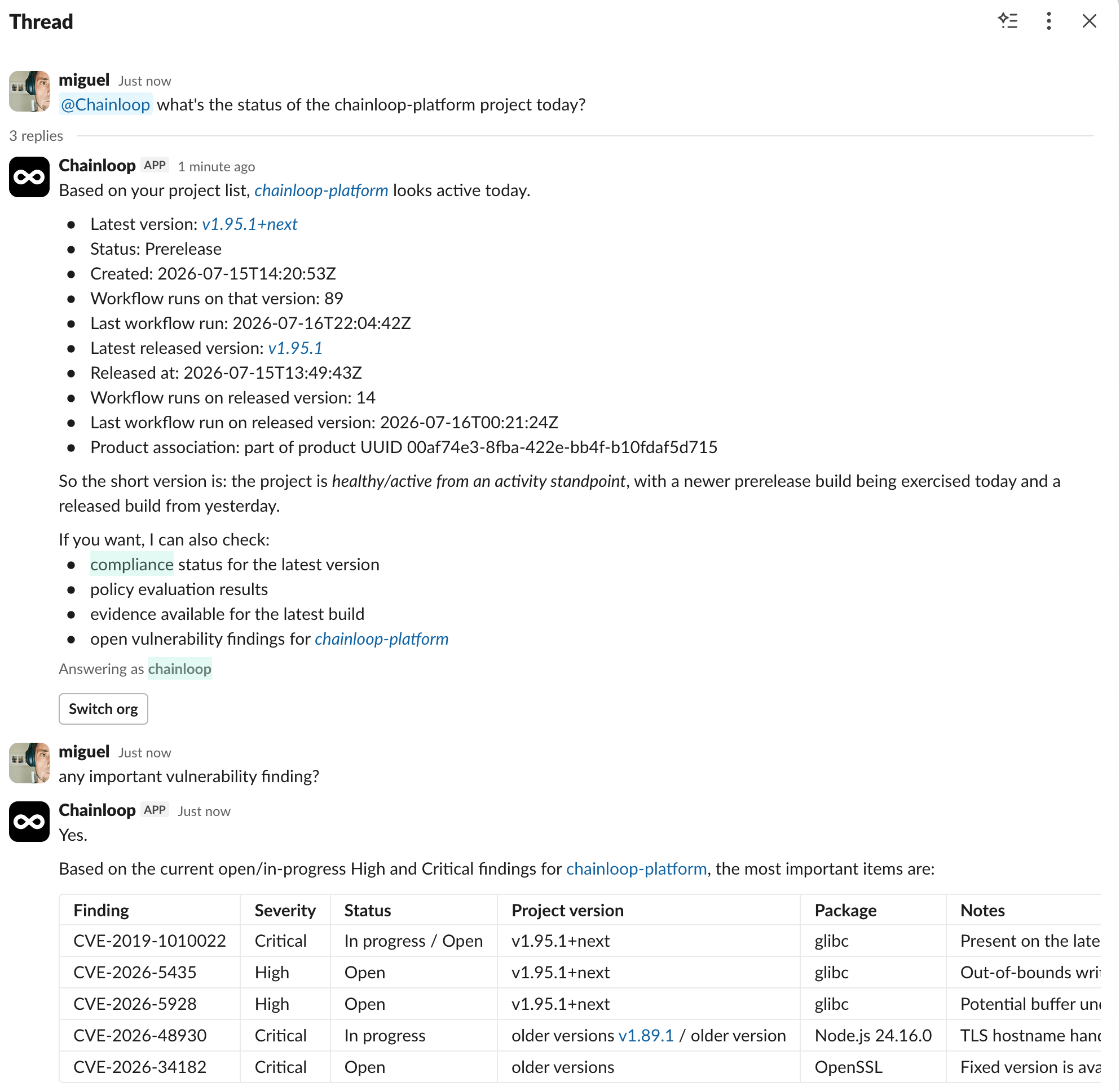 The Chainloop assistant answering questions in a Slack thread