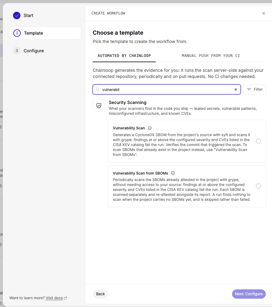 Create Workflow template picker filtered by 'vulnerabil', showing the Vulnerability Scan and Vulnerability Scan from SBOMs templates under the Automated by Chainloop tab, next to the Manual push from your CI tab