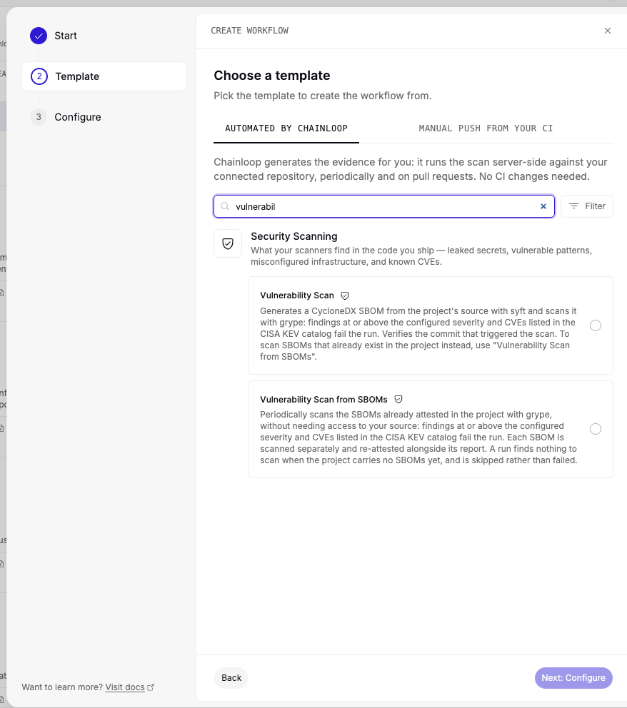 Create Workflow template picker filtered by 'vulnerabil', showing the Vulnerability Scan and Vulnerability Scan from SBOMs templates under the Automated by Chainloop tab, next to the Manual push from your CI tab
