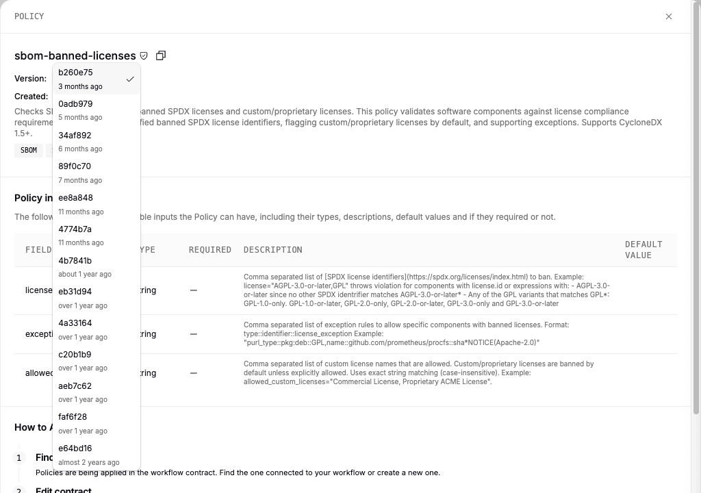 The version selector on the policy details page listing the policy's version hashes