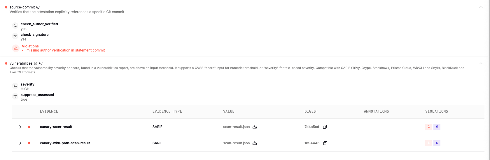Policy evaluation results in the workflow run view, showing violations and the evaluated evidence