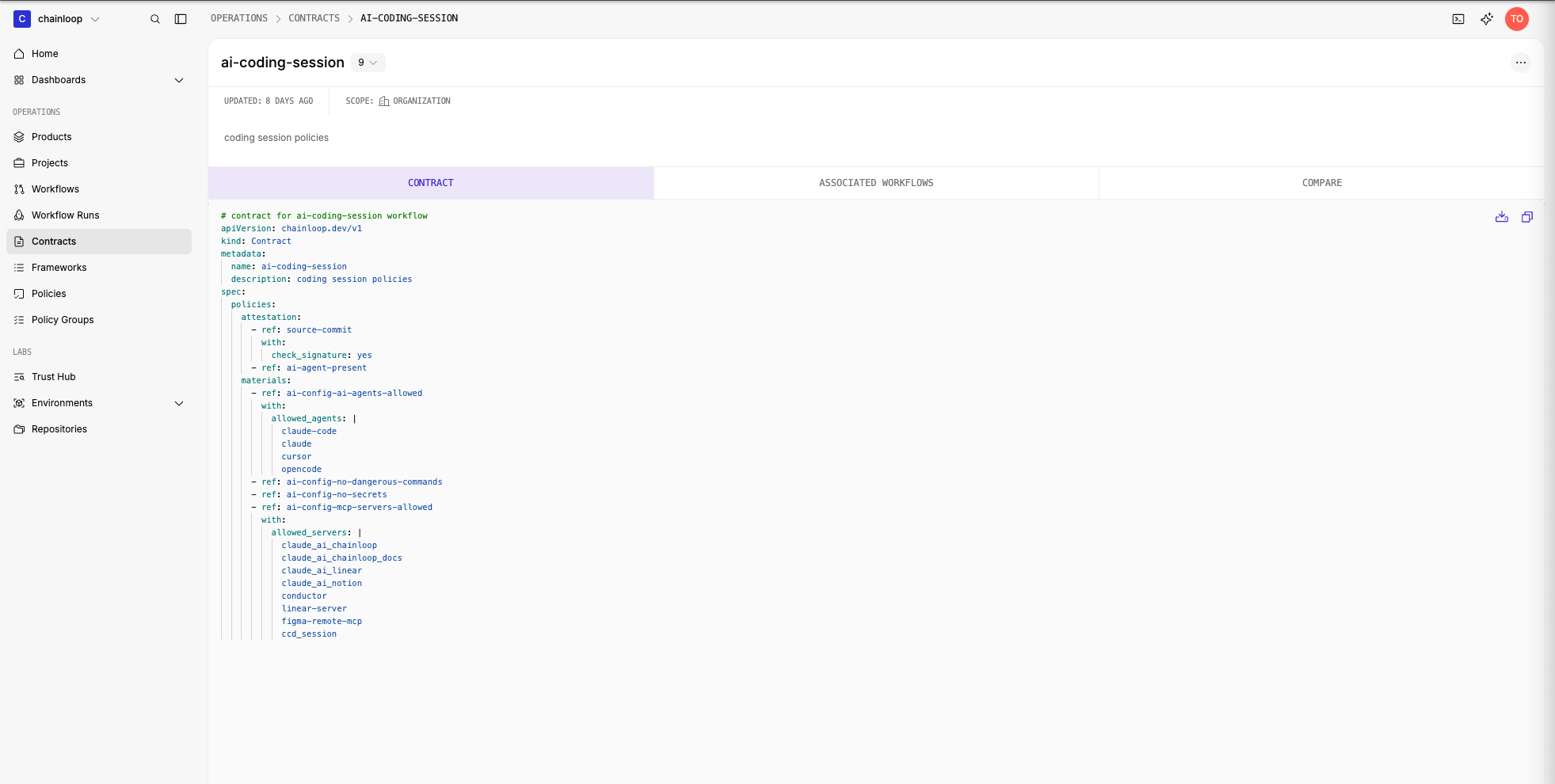 A contract with policies attached, shown in the Chainloop UI