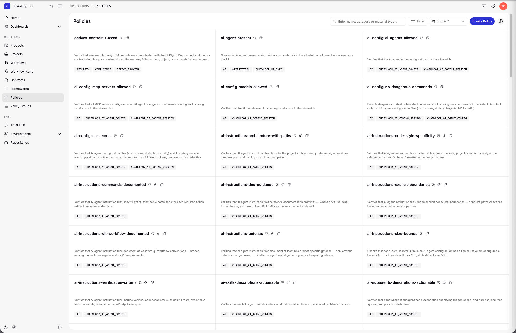 The built-in policies library in the Chainloop UI