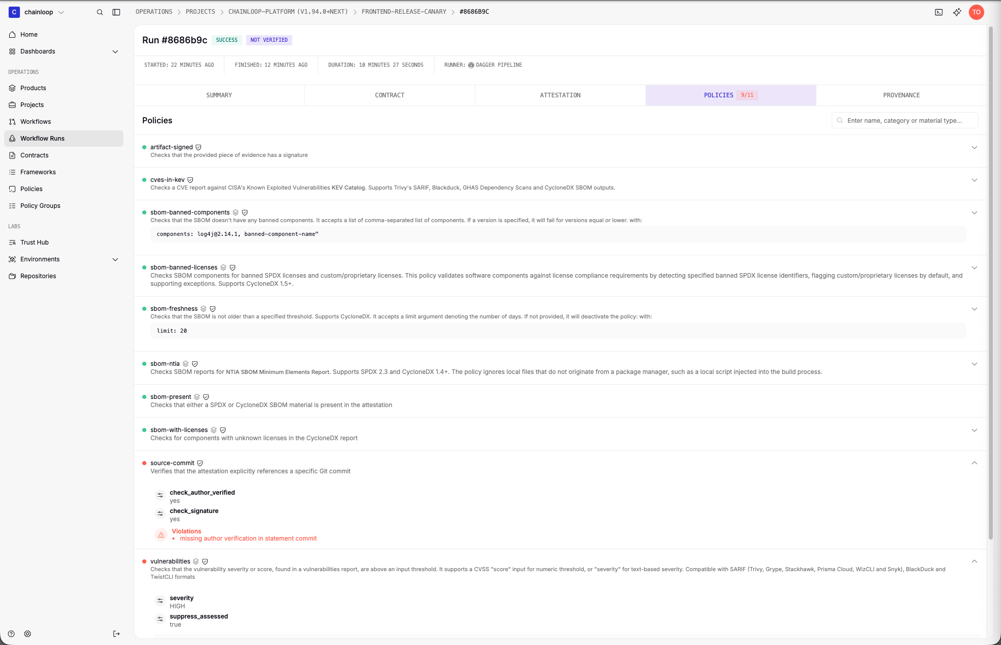 Policy evaluation results shown in the workflow run view in the Chainloop UI