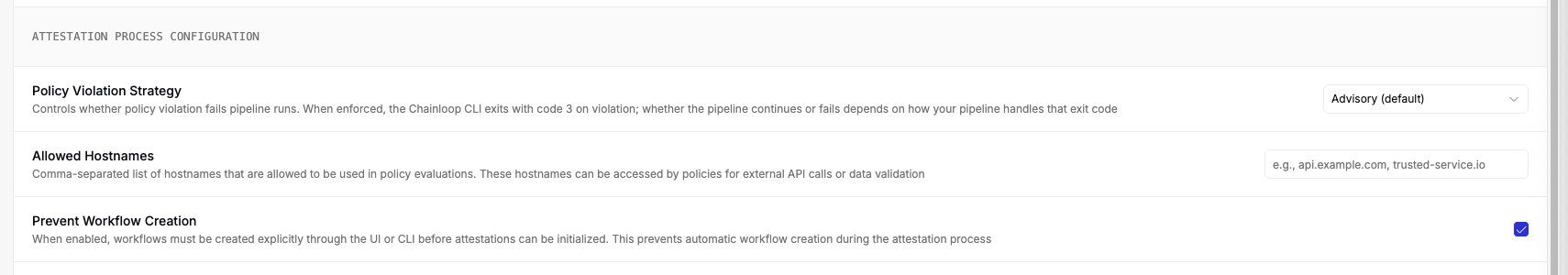 The Allowed Hostnames field in the Attestation Process Configuration section of the organization settings