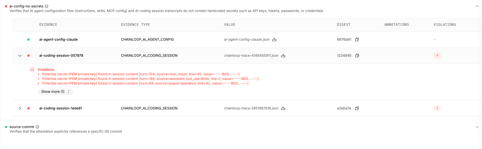 An AI policy evaluation in the workflow run view, showing the violations found per piece of evidence