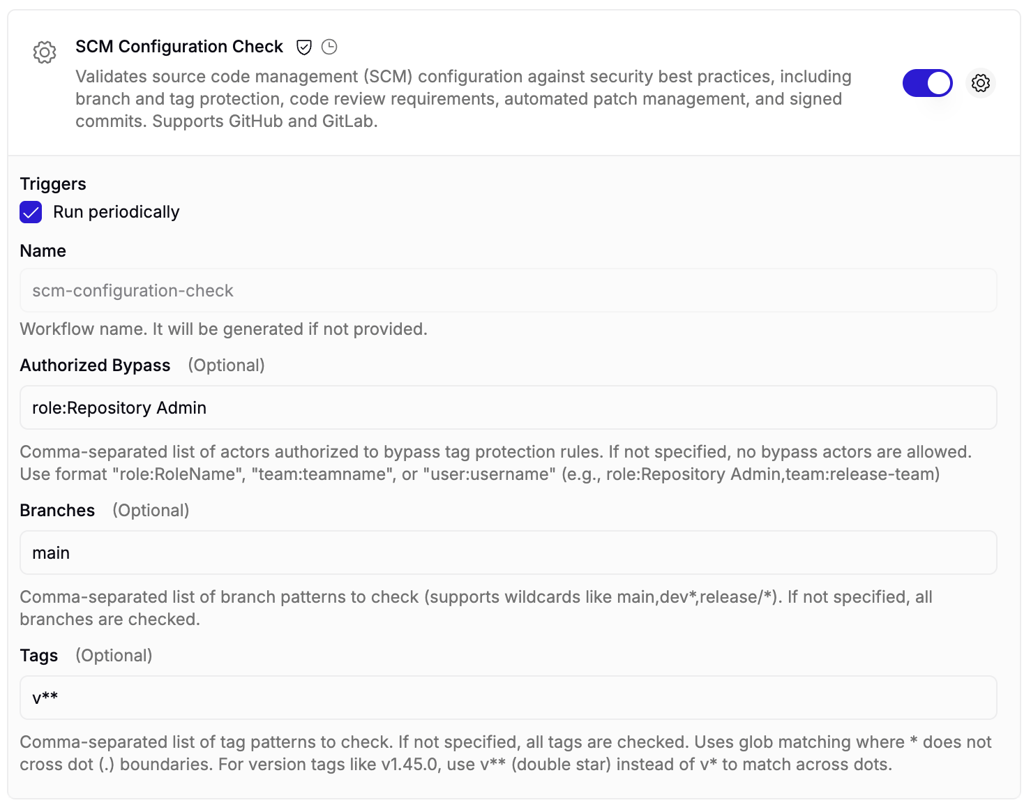 The SCM Configuration Check Configure panel: a Run periodically trigger checkbox, an optional workflow name, and the Authorized Bypass, Branches, and Tags inputs, each with its description