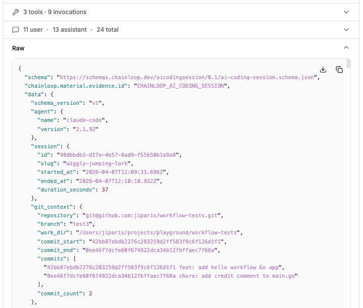 AI Coding Session raw JSON view showing the full evidence schema with session, git context, and code changes