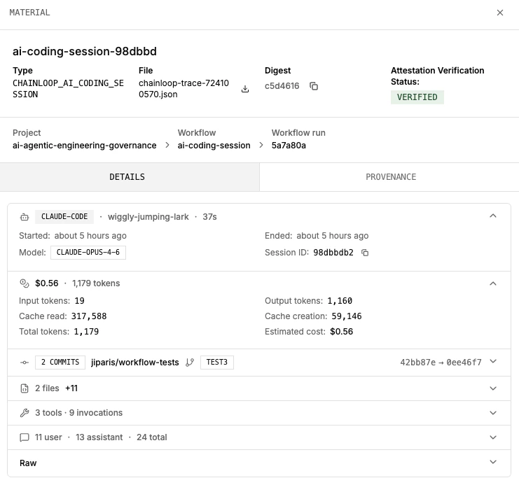 AI Coding Session material view showing session metadata, token usage, cost, git context, code changes, and tool invocations