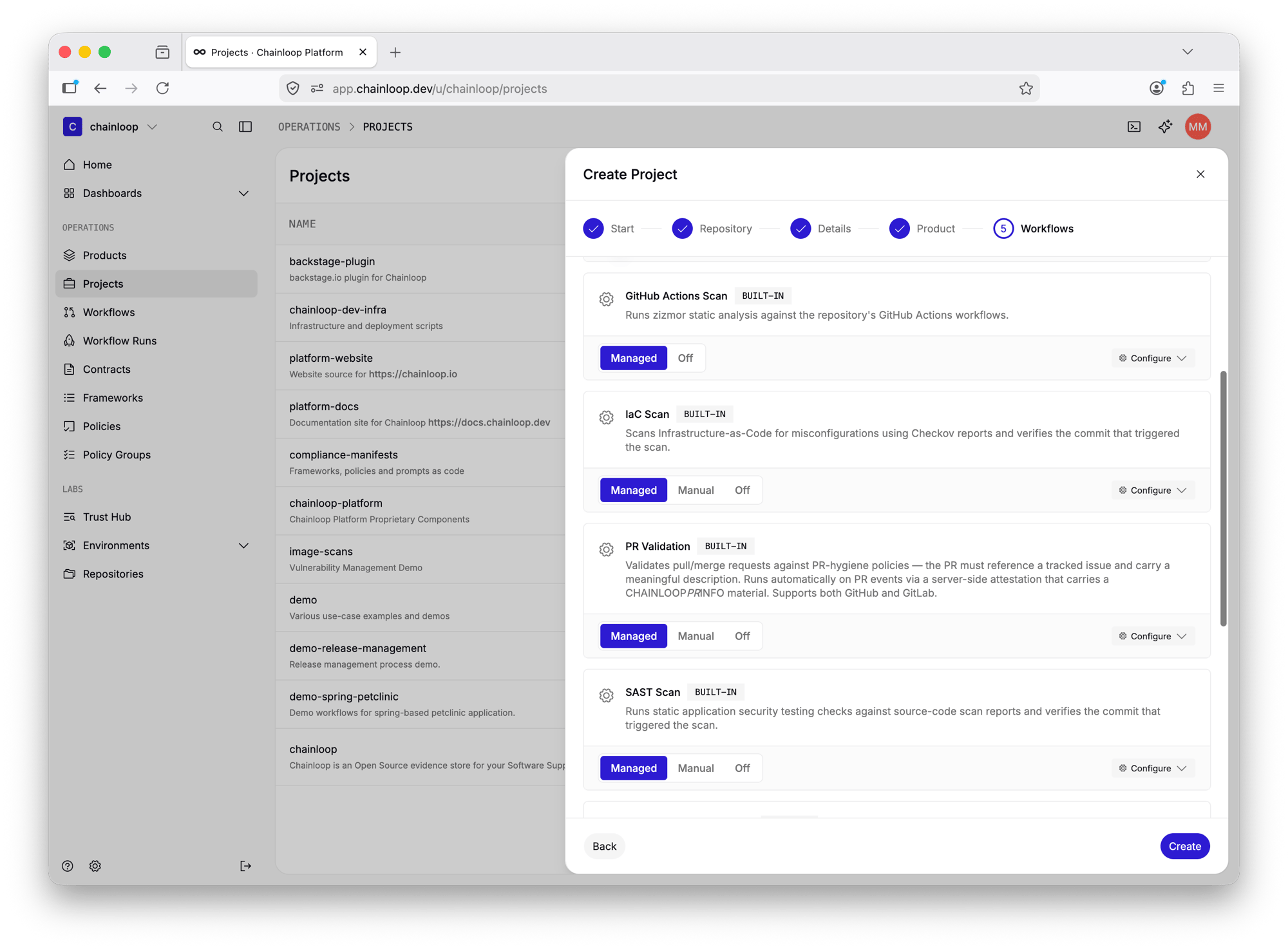 The Workflows step of the Create Project wizard showing built-in workflow templates such as GitHub Actions Scan, IaC Scan, PR Validation, and SAST Scan, each with a delivery mode selector and a Configure option