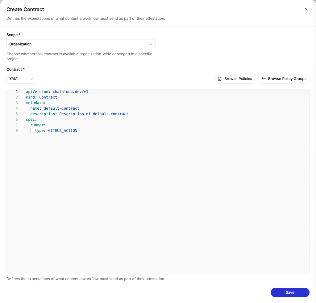The Create Contract form with scope selector and YAML editor