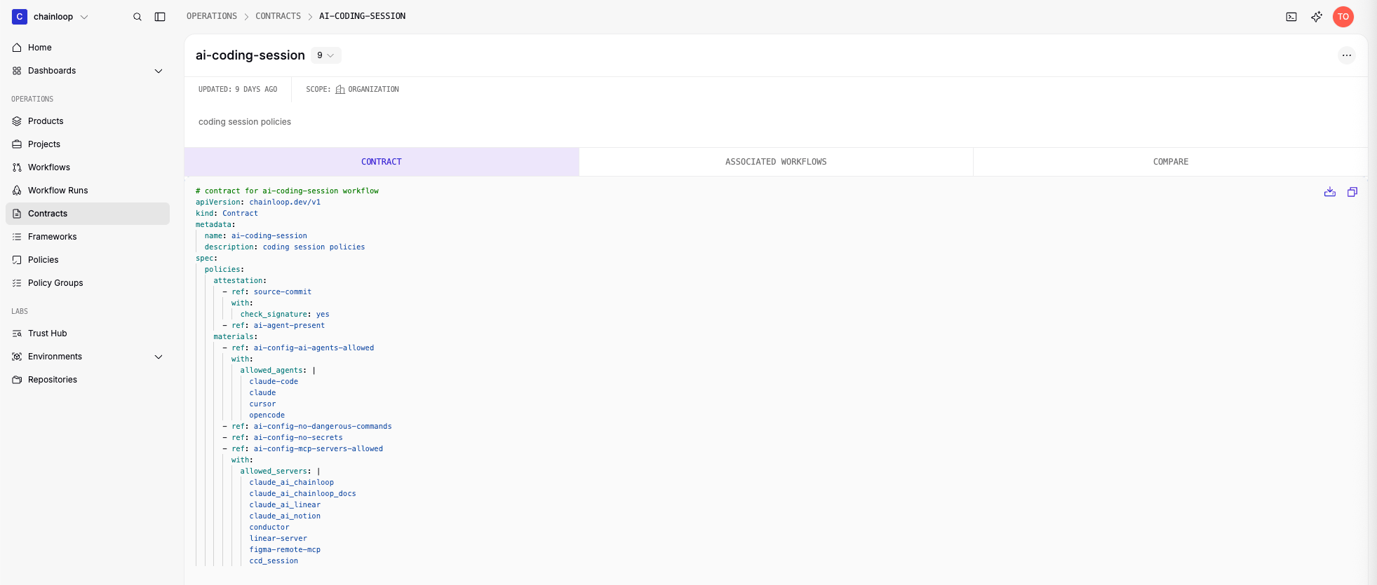 The contract detail view with revision selector, YAML source, and associated workflows tab