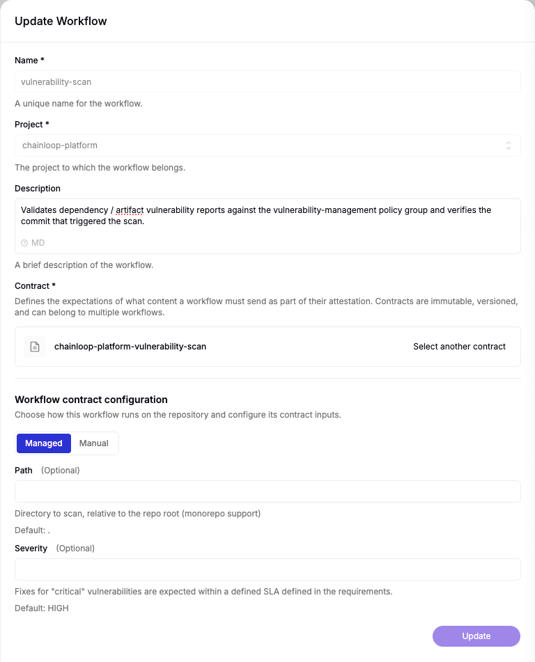 The Update Workflow form where a contract is associated with the workflow
