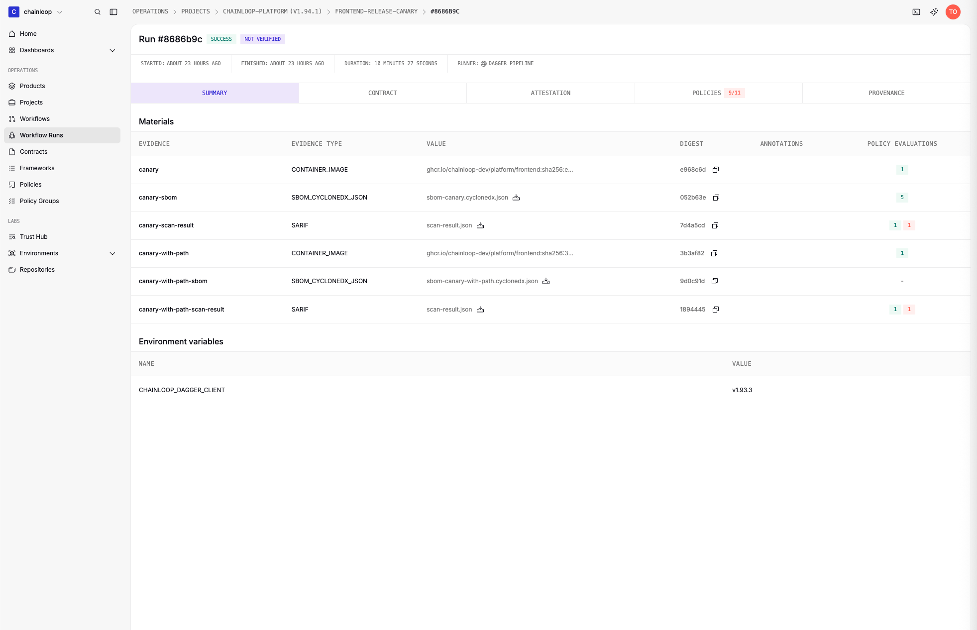 Attestation details for the contract-compliant run in the Chainloop UI