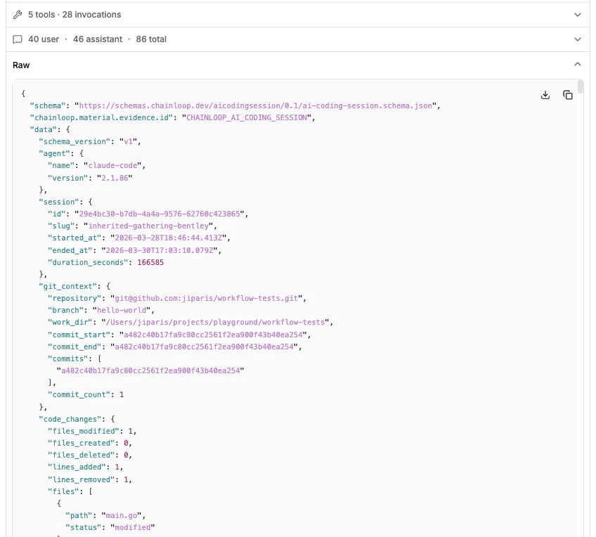 AI Coding Session raw JSON view showing the full evidence schema with session, git context, and code changes