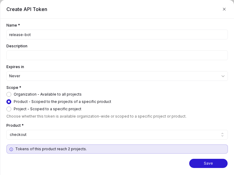 The Create API Token sheet with the product scope selected