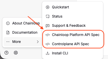 The help menu in the Chainloop UI with links to the API specs