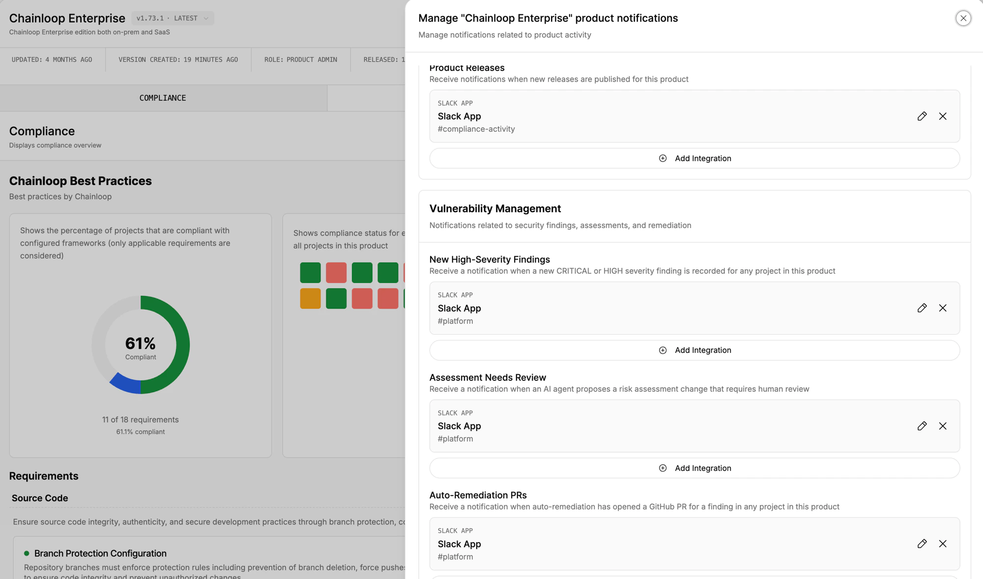Manage product notifications panel showing the Vulnerability Management section with three configurable event types — New High-Severity Findings, Assessment Needs Review, and Auto-Remediation PRs — each routed to a Slack App integration on channel #platform